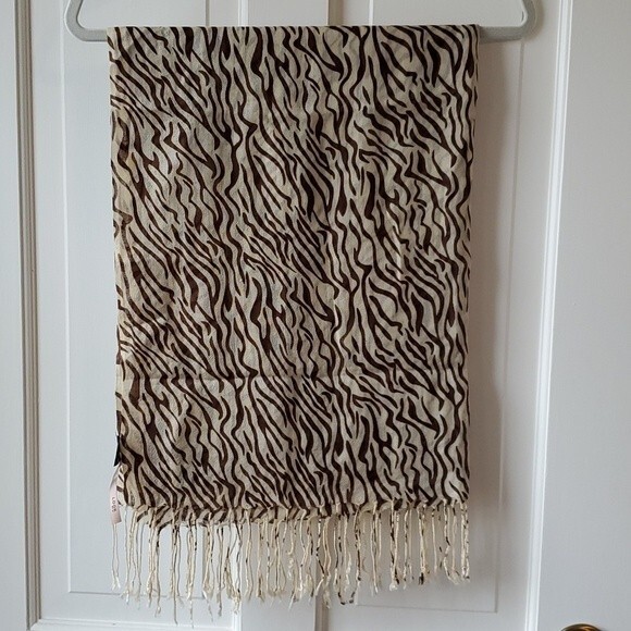 LOOK BY M SILK COTTON ANIMAL PRINT ZEBRA SCARF WRAP FRINGE BROWN CREAM - Picture 4 of 11